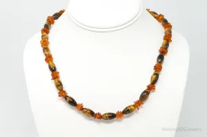 Vintage Designer GSJ Amber Tigers Eye Beads Sterling Silver Necklace