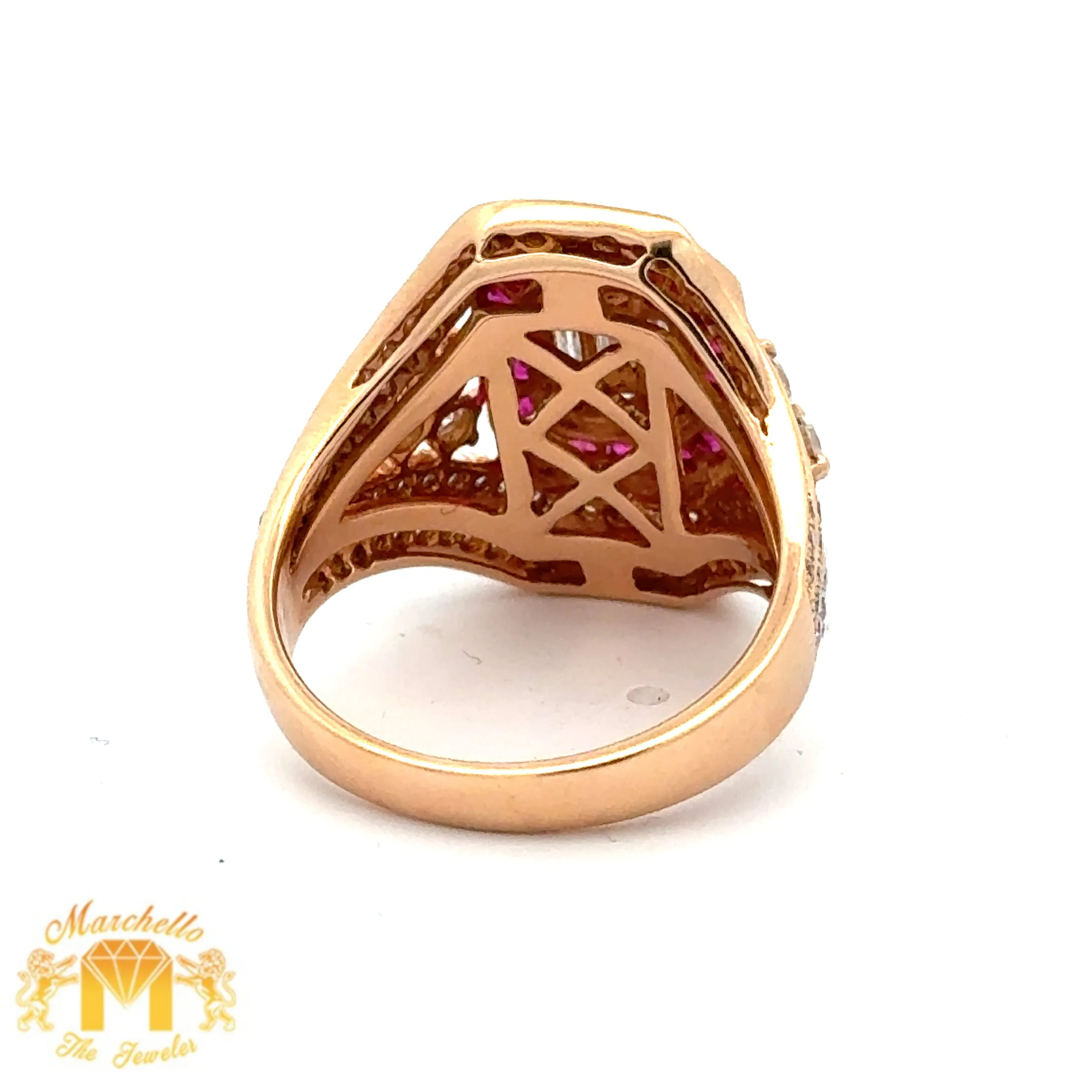VVS/vs high clarity of diamonds set in a 18k rose gold Ring with Ruby and Round, Emerald cut  Diamonds