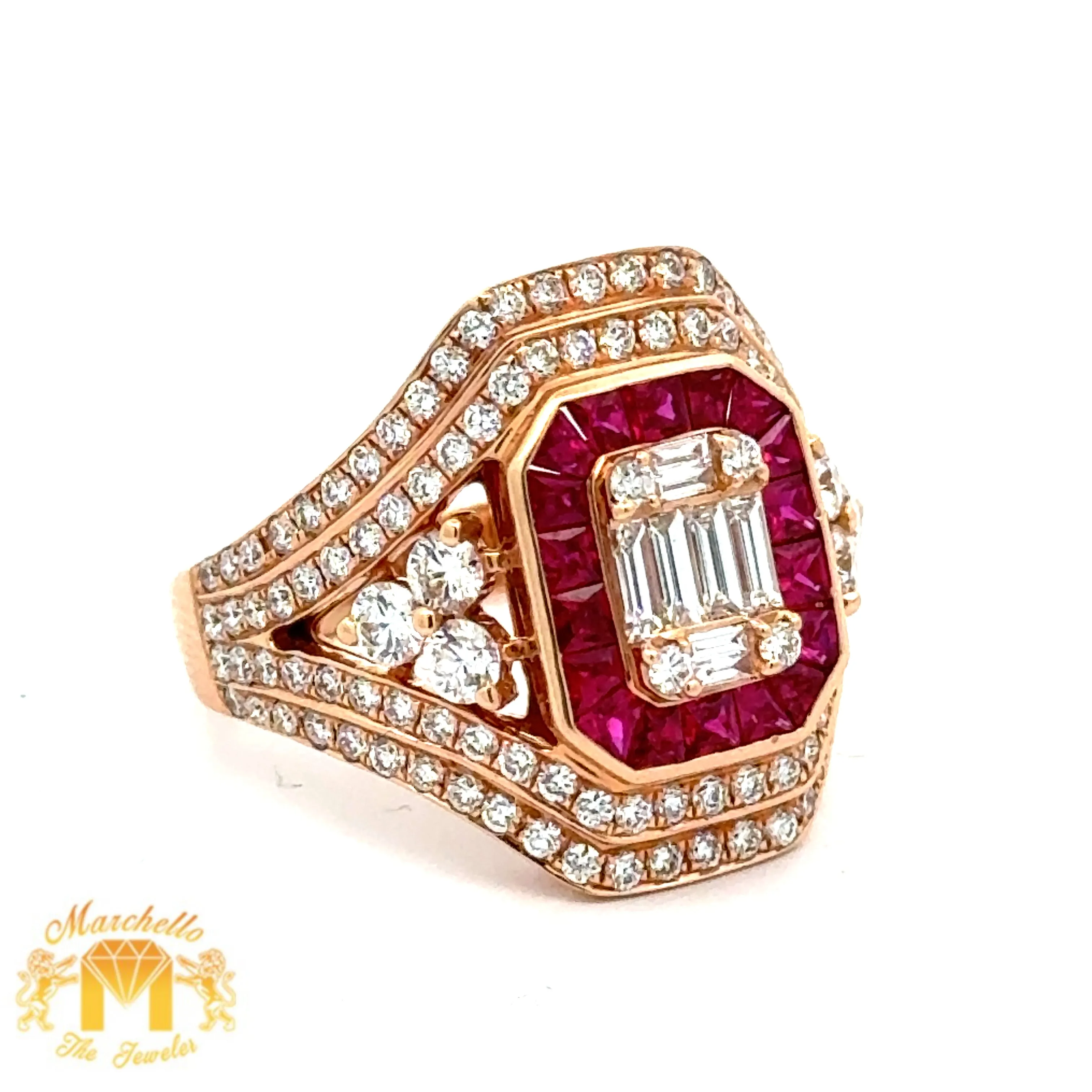 VVS/vs high clarity of diamonds set in a 18k rose gold Ring with Ruby and Round, Emerald cut  Diamonds