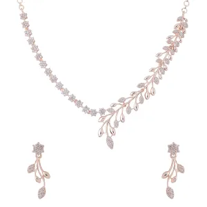 Yellow Chimes Jewellery Set for Women and Girls American Diamond Jewellery Set | Rose Gold Tone Leaf Designed White AD Necklace Set | Birthday Gift for girls and women Anniversary Gift for Wife